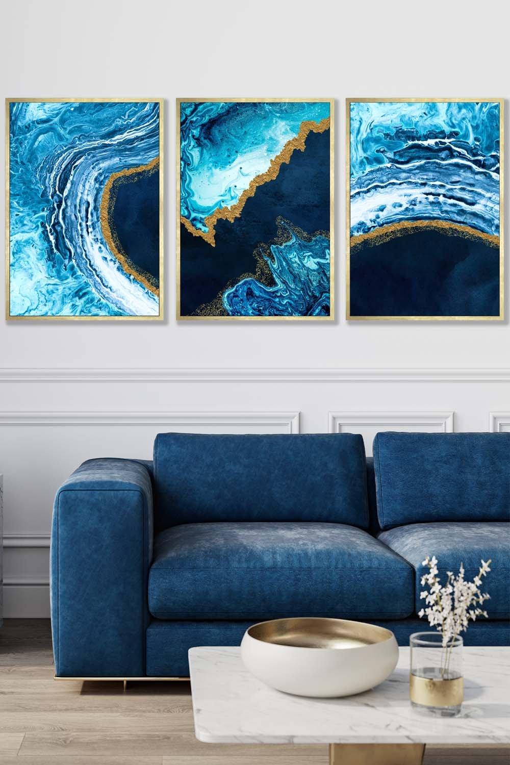 Abstract Navy, Blue and Gold Oceans Framed Wall Art - Large